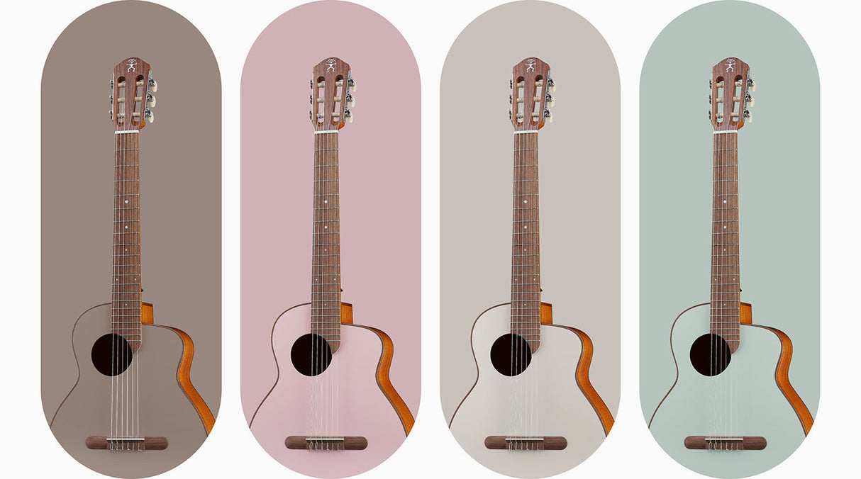 aNueNue MCN Nylon Series Travel Size Guitar Color Options Display – 4 Colors Side by Side