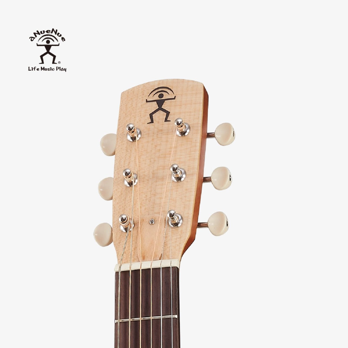 aNueNue Palawan Sunrise Travel Size Guitar Maple Headplate with aNueNue Logo