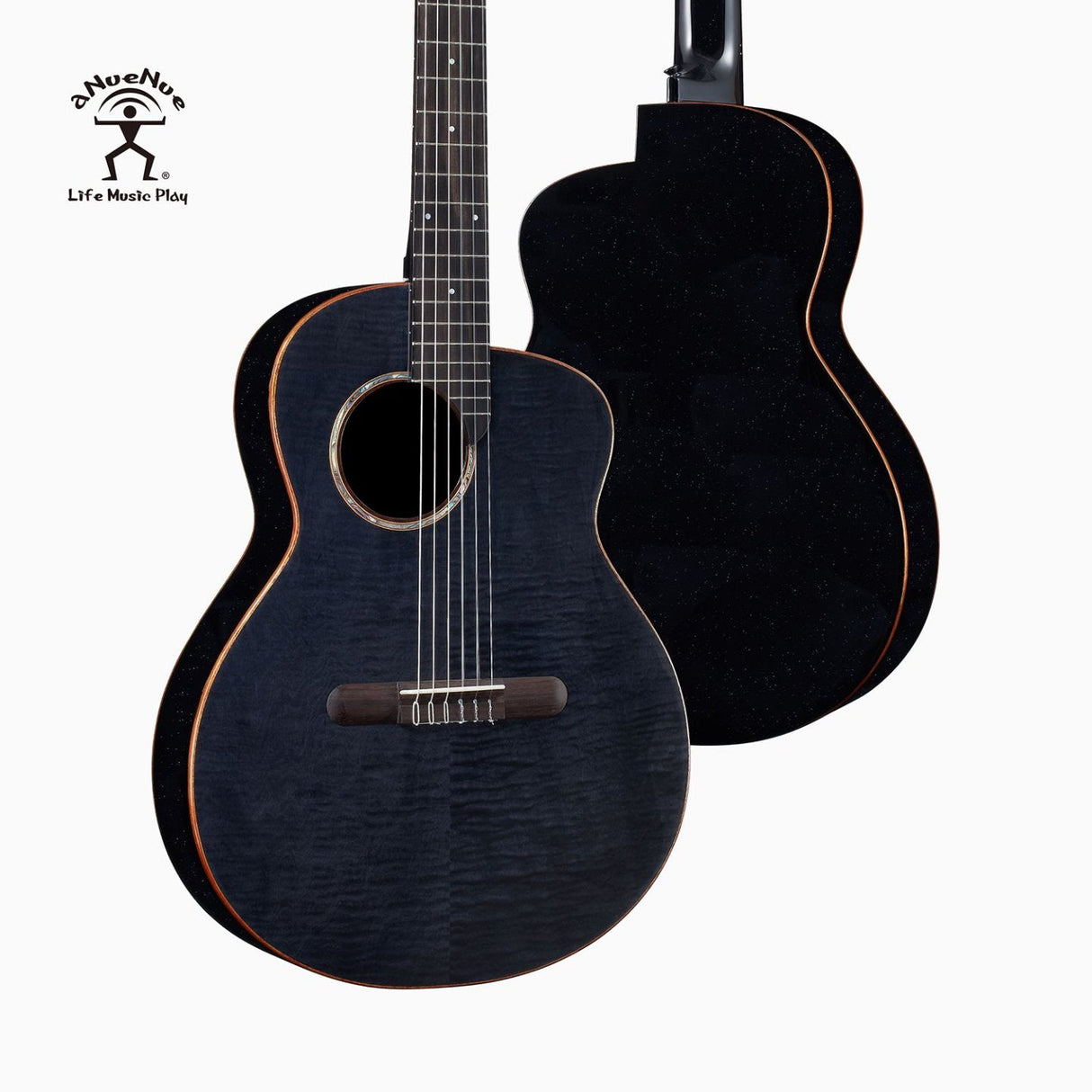 aNueNue LN77E Black Flamed Top Nylon Guitar Full Size Mahogany Back Gloss Finish