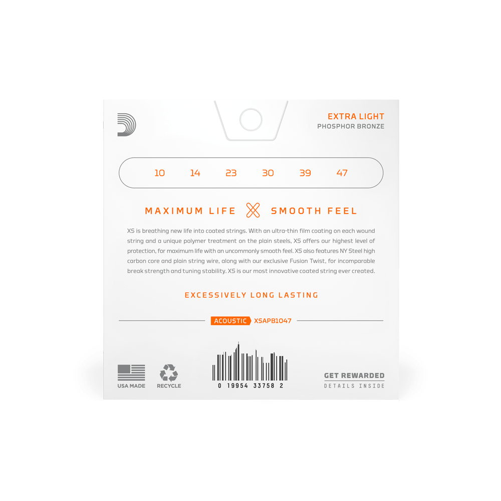 D'Addario XSAPB1047 | XS Phosphor Bronze Acoustic Guitar Strings 10-47
