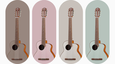 aNueNue MCN Nylon Series Travel Size Guitar Color Options Display – 4 Colors Side by Side