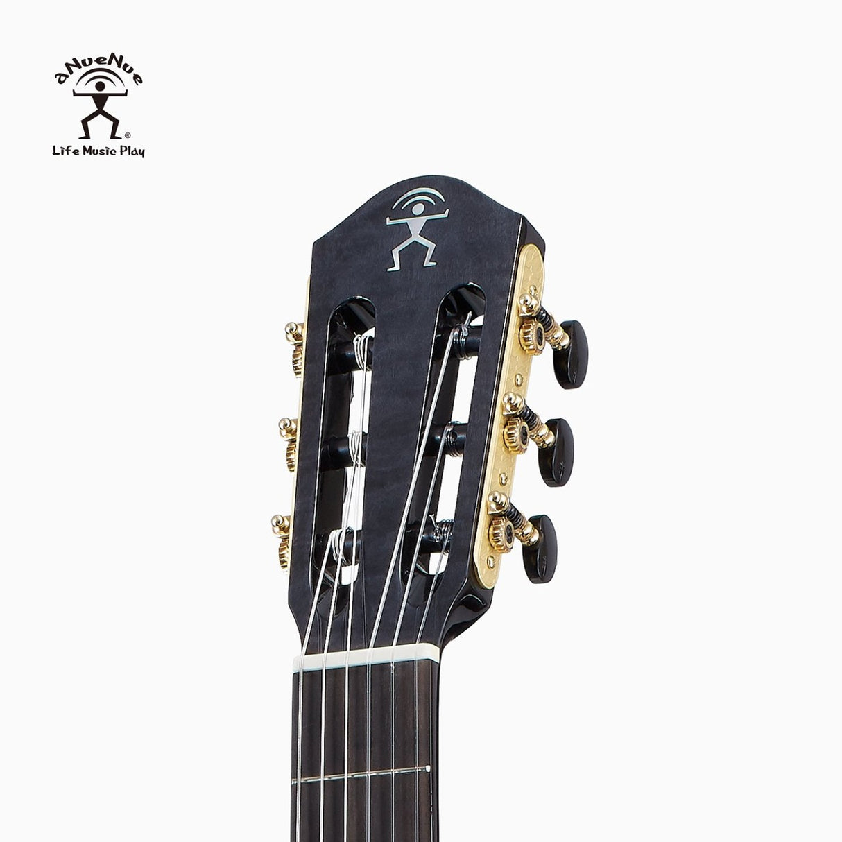 aNueNue LN77E Black Flamed Top Nylon Guitar Headstock with Houndstooth Pattern Tuning Pegs