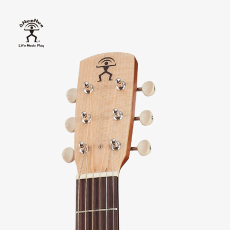 aNueNue Palawan Sunrise Travel Size Guitar Maple Headplate with aNueNue Logo