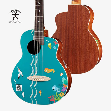 aNueNue Morelos Blue Travel Size Guitar Blue Body with Wave and Travel Design