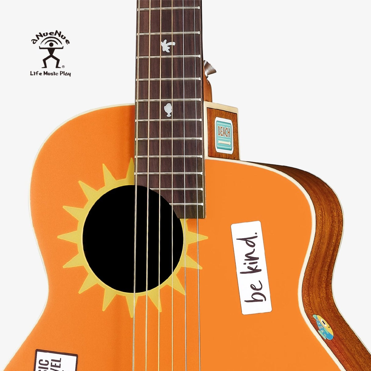 aNueNue Palawan Sunrise Travel Size Guitar Orange Body with Sun and Palm Tree Design