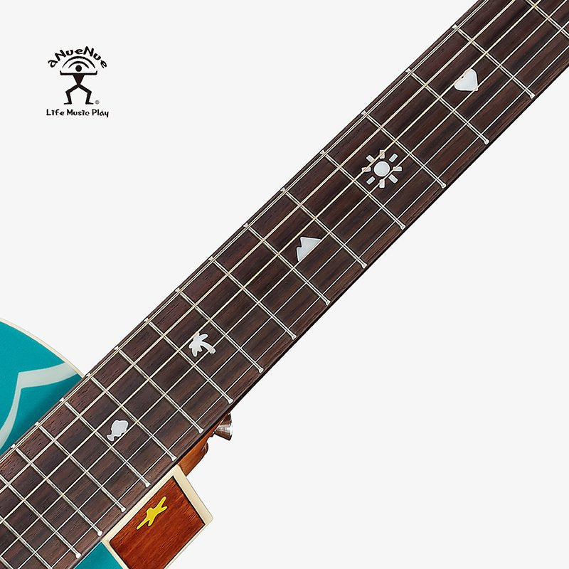 aNueNue Morelos Blue Travel Size Guitar Rosewood Fretboard Close-up with Custom Shell Inlays of Heart, Sun, Mountain and Fish