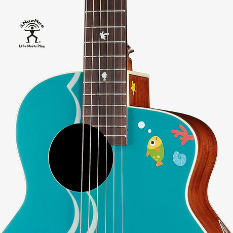 aNueNue Morelos Blue Travel Size Guitar Front Body Detail with Ocean Theme Artwork and Rosewood Fingerboard Inlays
